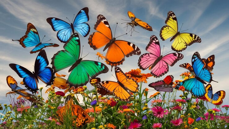 un campo lleno de mariposas con un fondo de cielo
