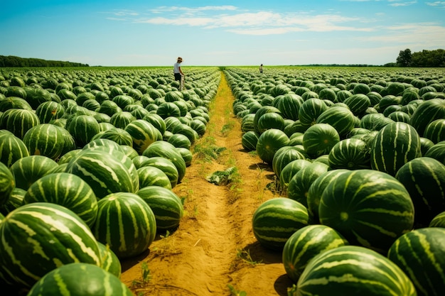 Foto campo lleno de sandías con una persona de pie en el medio ia generativa