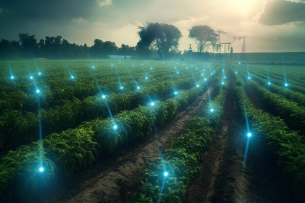 Foto campo lleno de sensores agricultura inteligente artificial con redes y radares drones