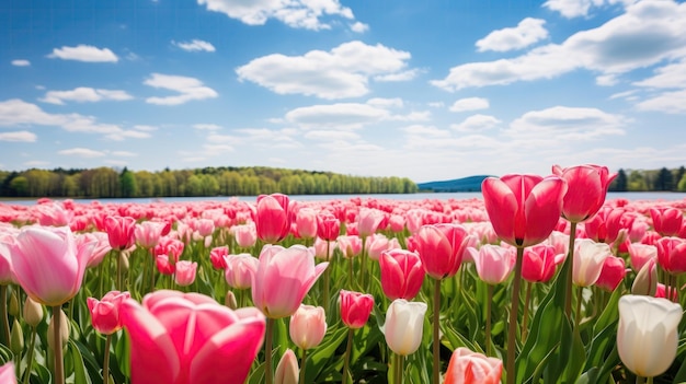 Un campo lleno de tulipanes de colores bajo un cielo nublado