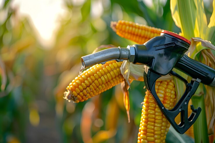 Un campo de maíz alimentando el futuro Una bomba de gas entre las orejas de maíz doradas