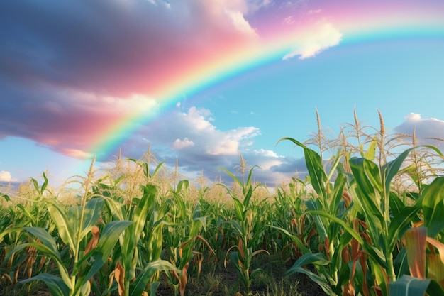 Campo de maíz con un arco iris vibrante en el cielo añadiendo 00273 02