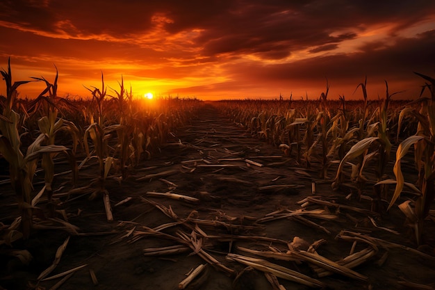 Campo de maíz de belleza rural al atardecer foto de maíz