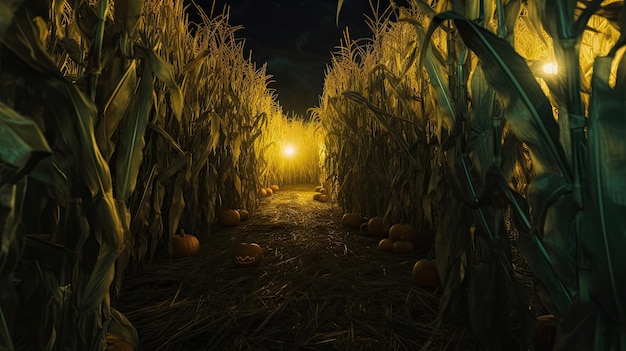 un campo de maíz con calabazas en el fondo.