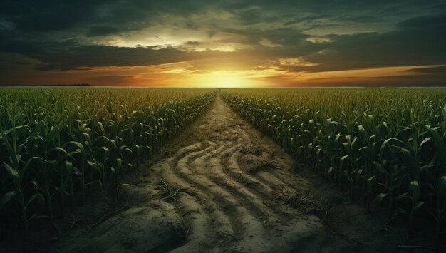 campo de maíz con camino de tierra blanca al atardecer