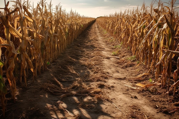 Un campo de maíz con un camino de tierra que conduce al horizonte.