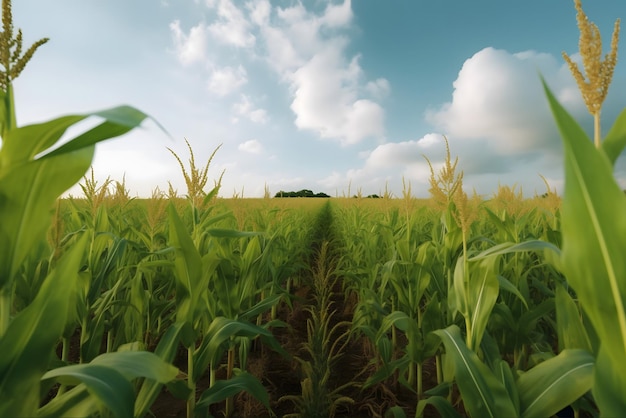 Un campo de maíz con un campo al fondo.