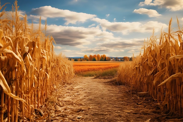 Campo de maíz cosechado con colores de otoño en el fondo