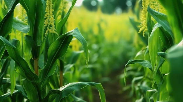 Un campo de maíz con un fondo verde