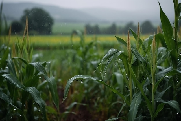 Un campo de maíz con gotas de lluvia en el suelo