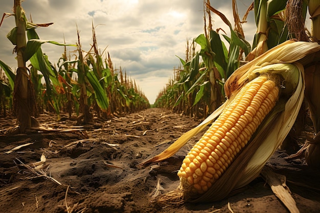 un campo de maíz con un letrero que dice maíz en él