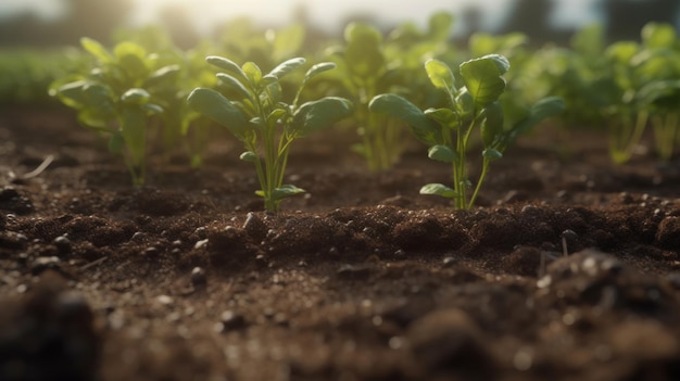 Campo de maíz de primavera con brotes verdes frescos en enfoque suave IA generativa