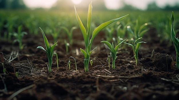 Campo de maíz de primavera con brotes verdes frescos en un enfoque suave En una zona agrícola, los brotes de plántulas de maíz verde jóvenes están creciendo IA generativa