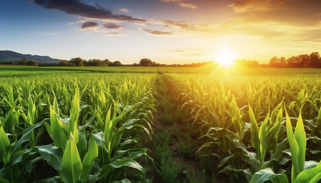 Campo de maíz con puesta de sol en el campo