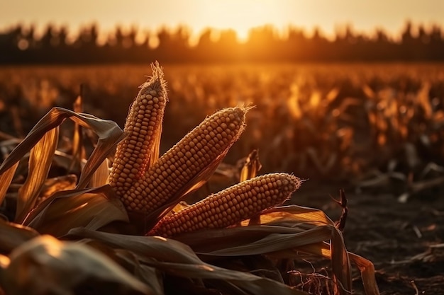 Un campo de maíz con la puesta de sol detrás de él