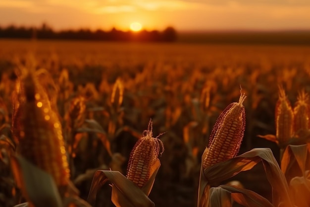 Un campo de maíz con la puesta de sol detrás de él