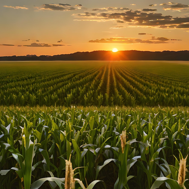 un campo de maíz con una puesta de sol en el fondo