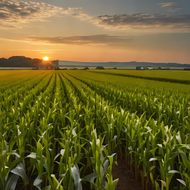 un campo de maíz con una puesta de sol en el fondo