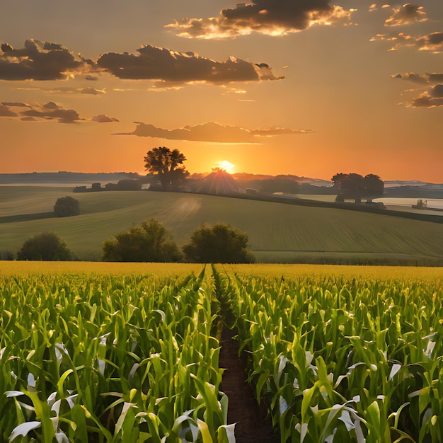 un campo de maíz con una puesta de sol en el fondo