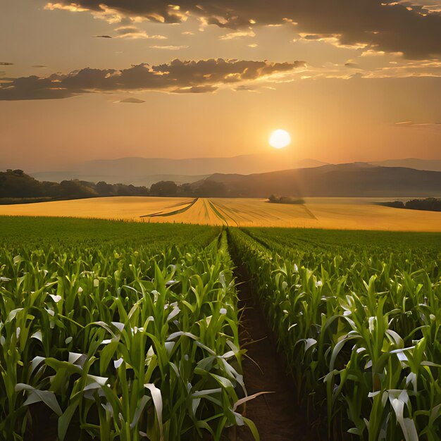 un campo de maíz con una puesta de sol en el fondo