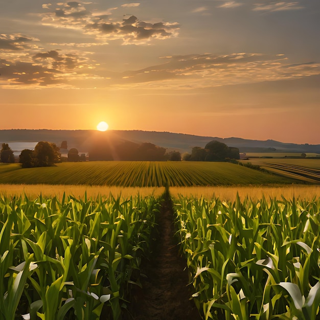 un campo de maíz con una puesta de sol en el fondo