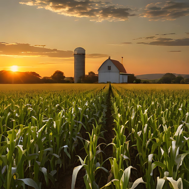 un campo de maíz con una puesta de sol en el fondo