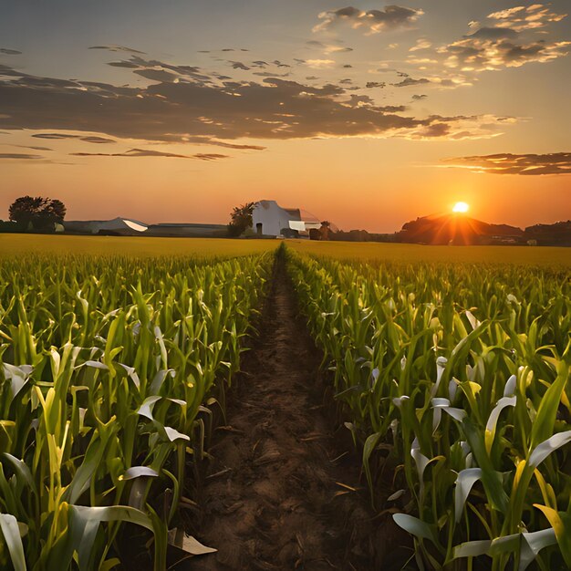 un campo de maíz con una puesta de sol en el fondo