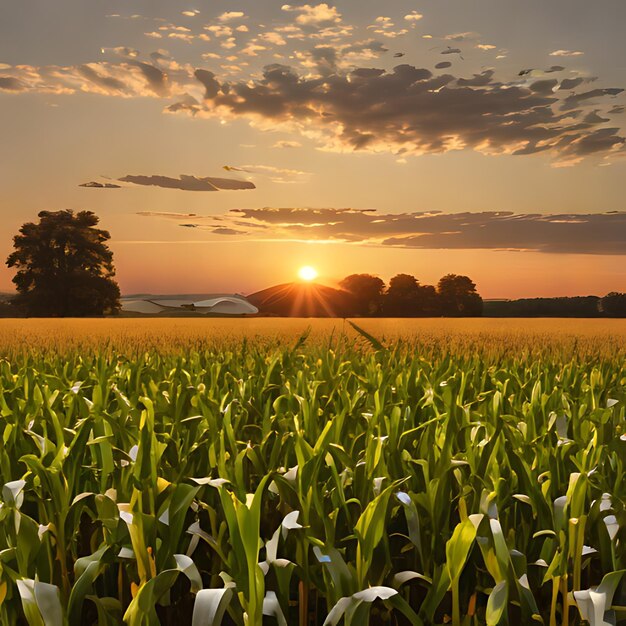 un campo de maíz con una puesta de sol en el fondo