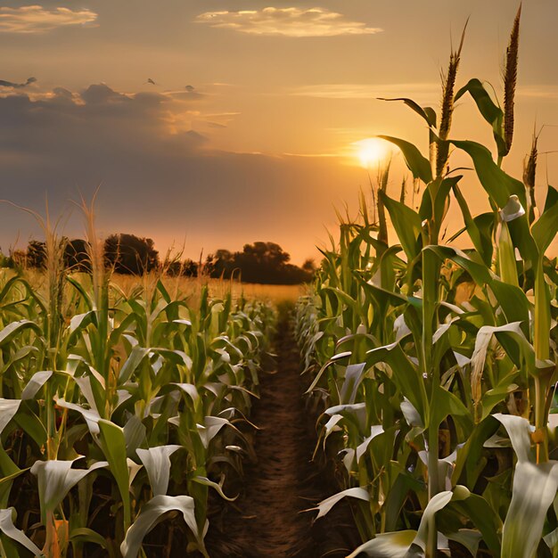 un campo de maíz con una puesta de sol en el fondo