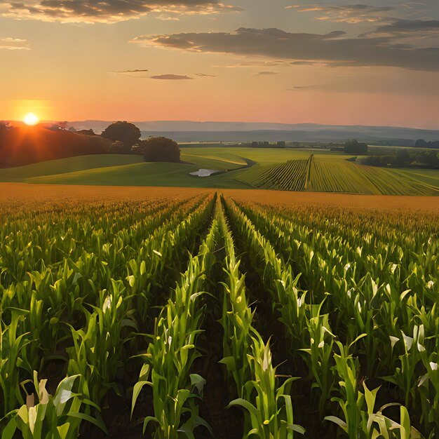 un campo de maíz con una puesta de sol en el fondo