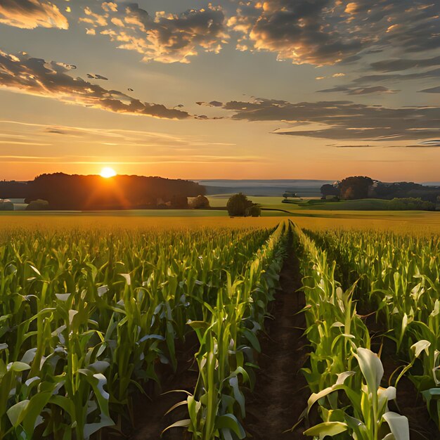 un campo de maíz con una puesta de sol en el fondo