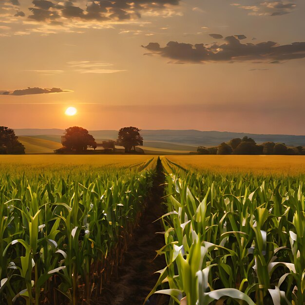 un campo de maíz con una puesta de sol en el fondo