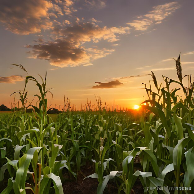 un campo de maíz con una puesta de sol en el fondo