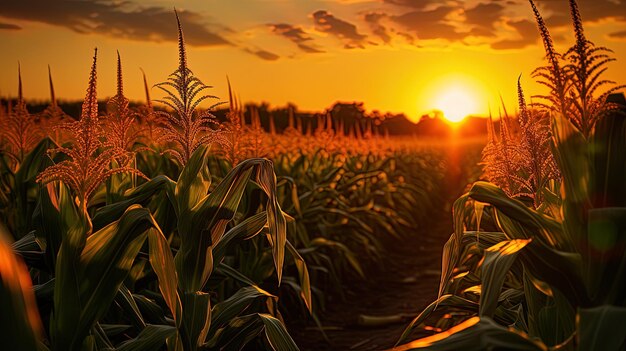 un campo de maíz con una puesta de sol en el fondo