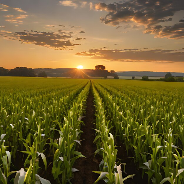 un campo de maíz con el sol poniéndose detrás de él