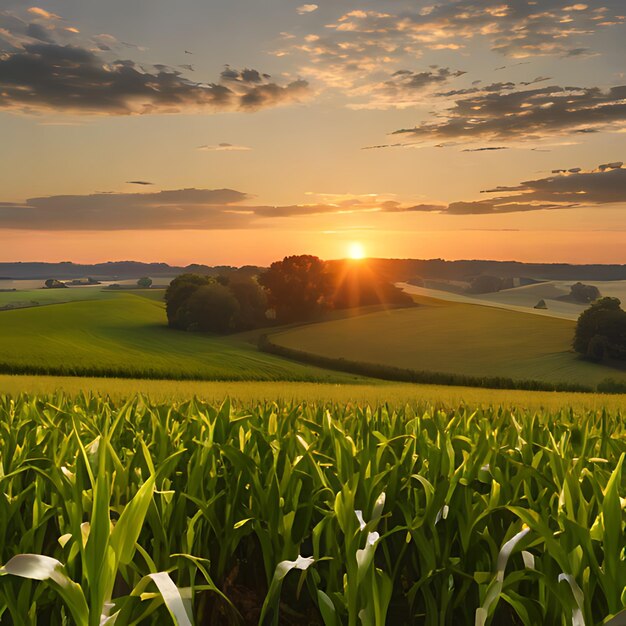 un campo de maíz con el sol poniéndose detrás de él