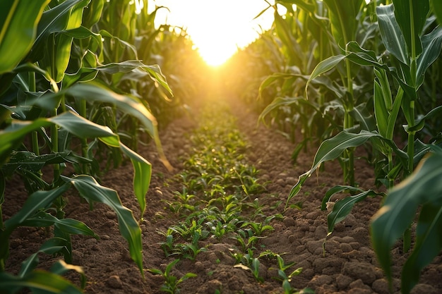 Un campo de maíz verde donde la luz es visible a través del follaje Generativo Ai