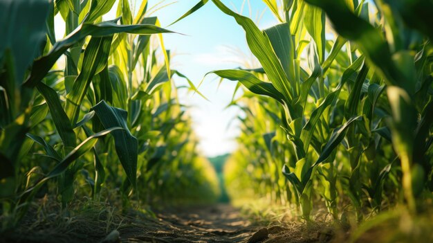 Foto campo de maíz verde con el sol asomando a través de las hojas