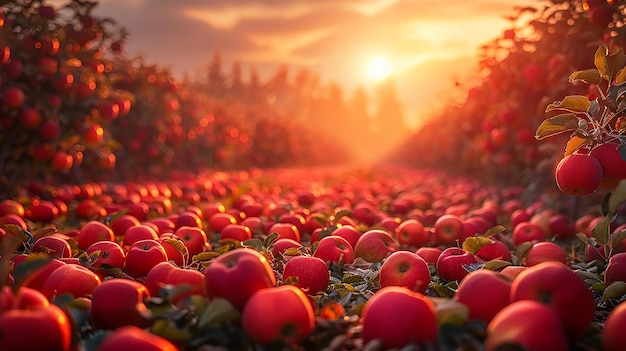 un campo de manzanas rojas con el sol detrás de ellas