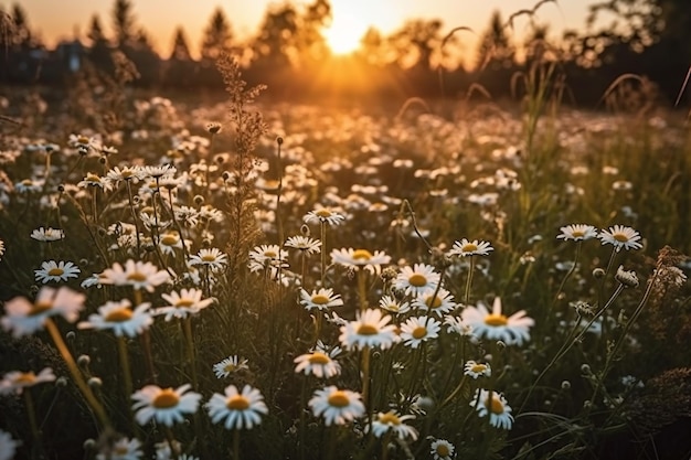 Un campo de margaritas al atardecer con la puesta de sol detrás de él.