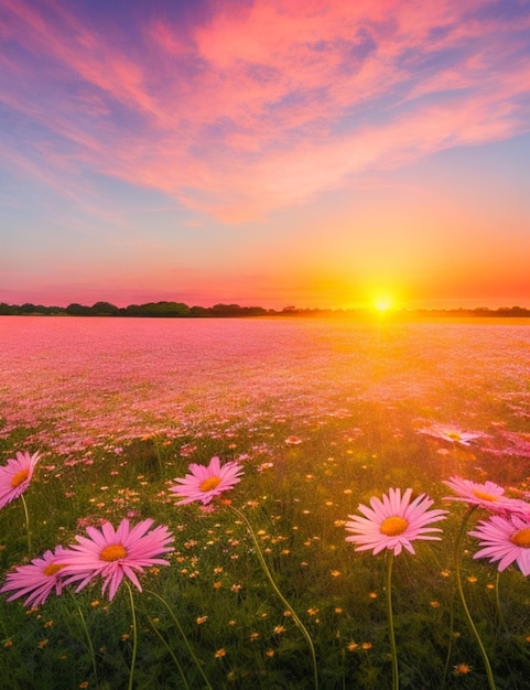 Un campo de margaritas cubierto de sol que se extiende hasta el horizonte con un cielo vibrante de tonos rosados y naranjas