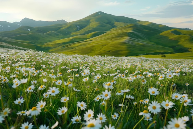 Un campo de margaritas frente a una cordillera