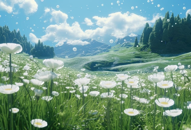Un campo con margaritas y un hermoso cielo azul