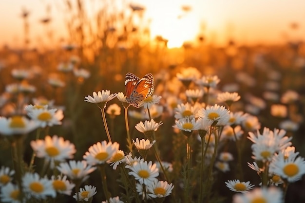 Un campo de margaritas con una mariposa AI generativa