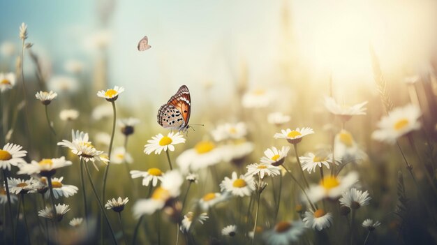 Un campo de margaritas con una mariposa en las alas.