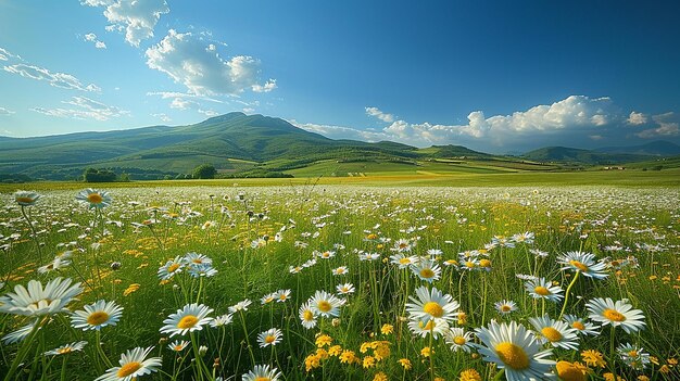 Foto un campo de margaritas con montañas en el fondo