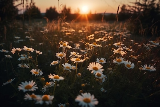 Un campo de margaritas con la puesta de sol detrás de él