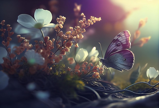 Foto campo de margaritas en rayos dorados del sol poniente en la naturaleza de primavera verano con una mariposa naranja al aire libre generado por ia