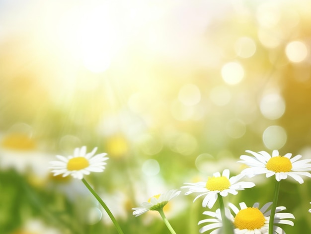 Un campo de margaritas con el sol brillando sobre él.