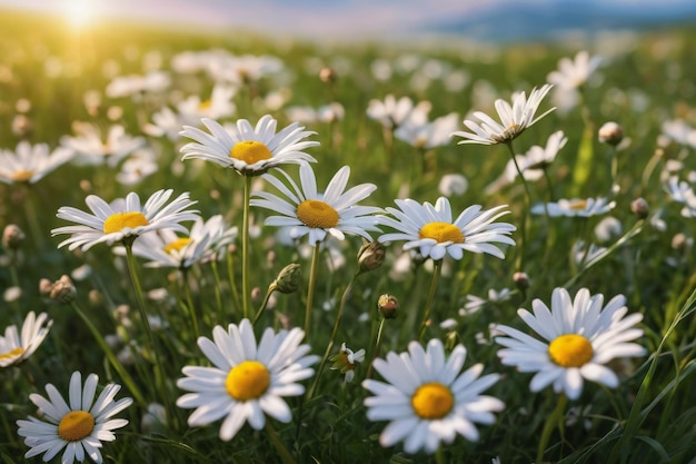 un campo de margaritas con el sol detrás de ellos